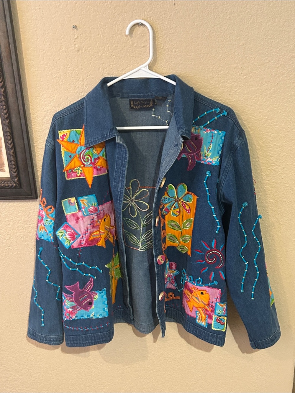 Boho Patchwork Embroidered Denim Jacket Artsy Cottagecore Cropped Small